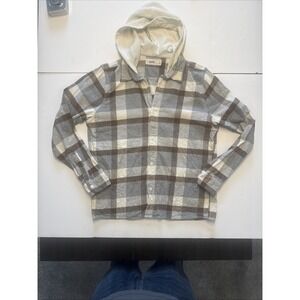 Hollister Flannel Shirt Hoodie Men's L Gray Brown Plaid Hooded Button Up Jacket